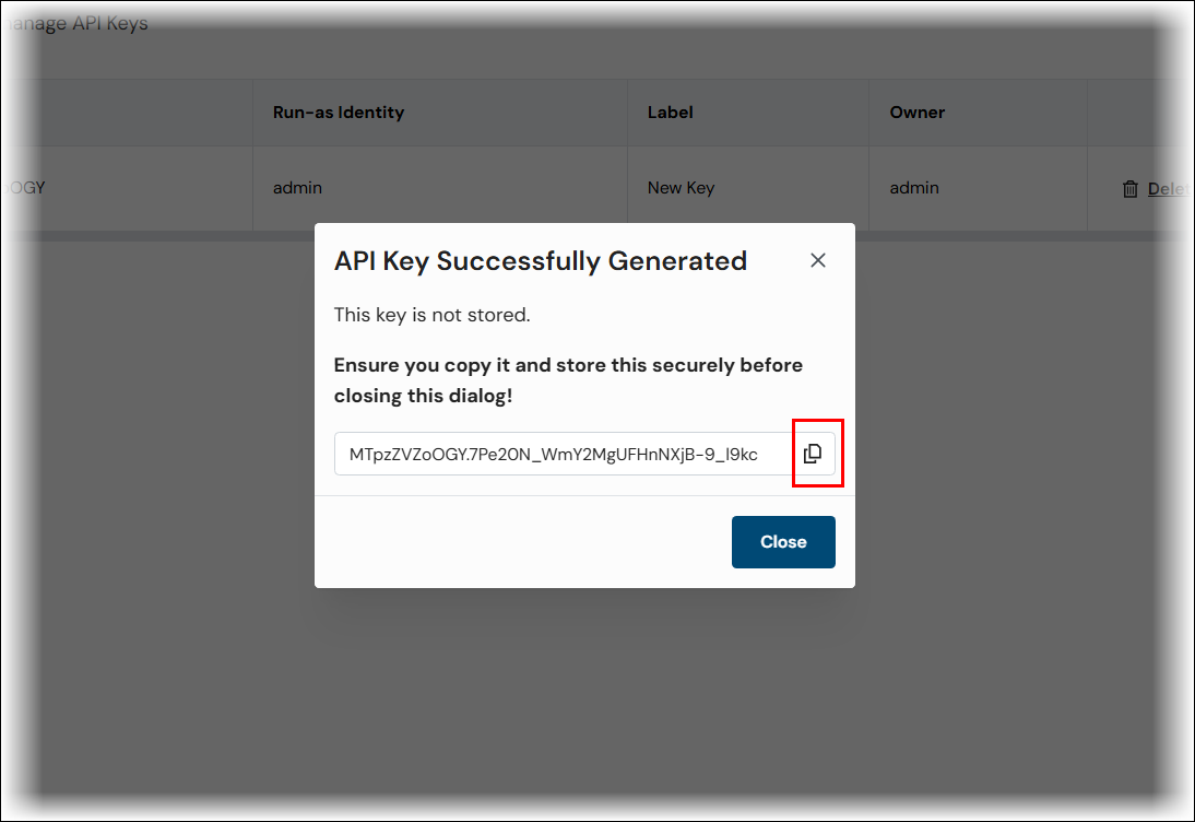 A generated API key in the API Key Successfully Generated window.
